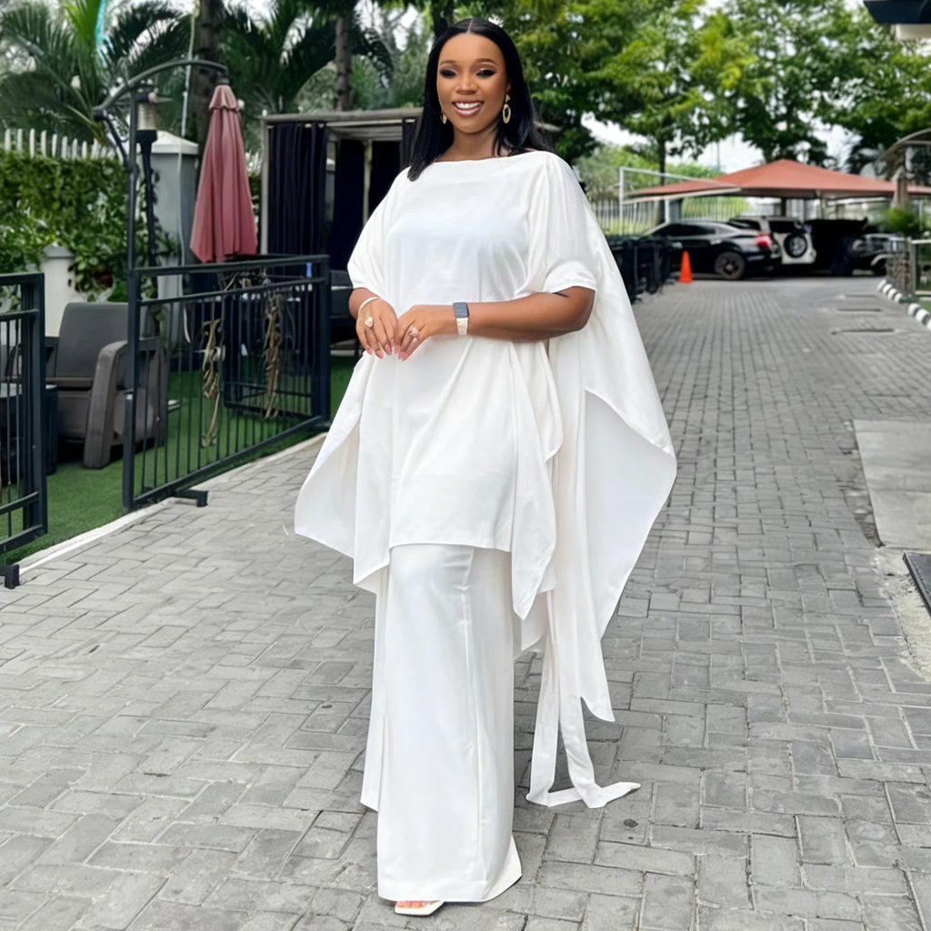 Plus Size Summer N8172 Silk Satin Set Design Shoulder Shawl Top Wide Leg Pants Outfit Elegant Street Style for Women Universa...