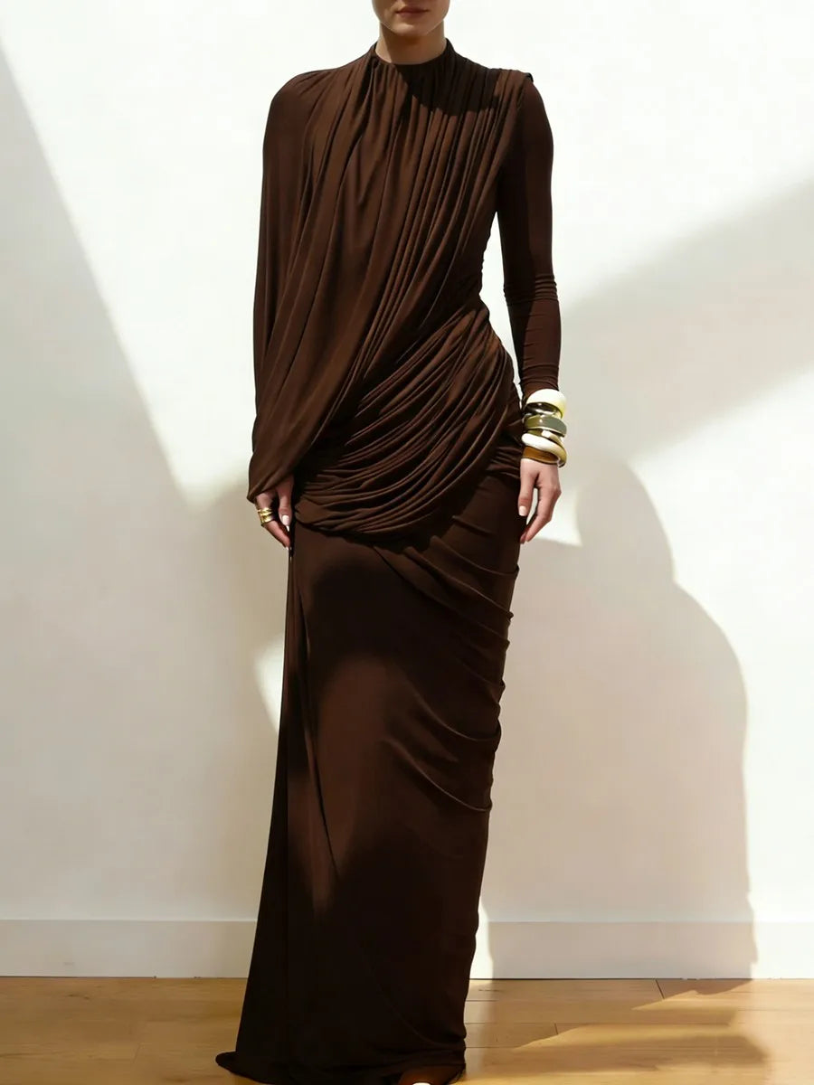 Spliced Folds Irregular Women Round Neck Long Sleeves Tunic Design Sense Long Dress