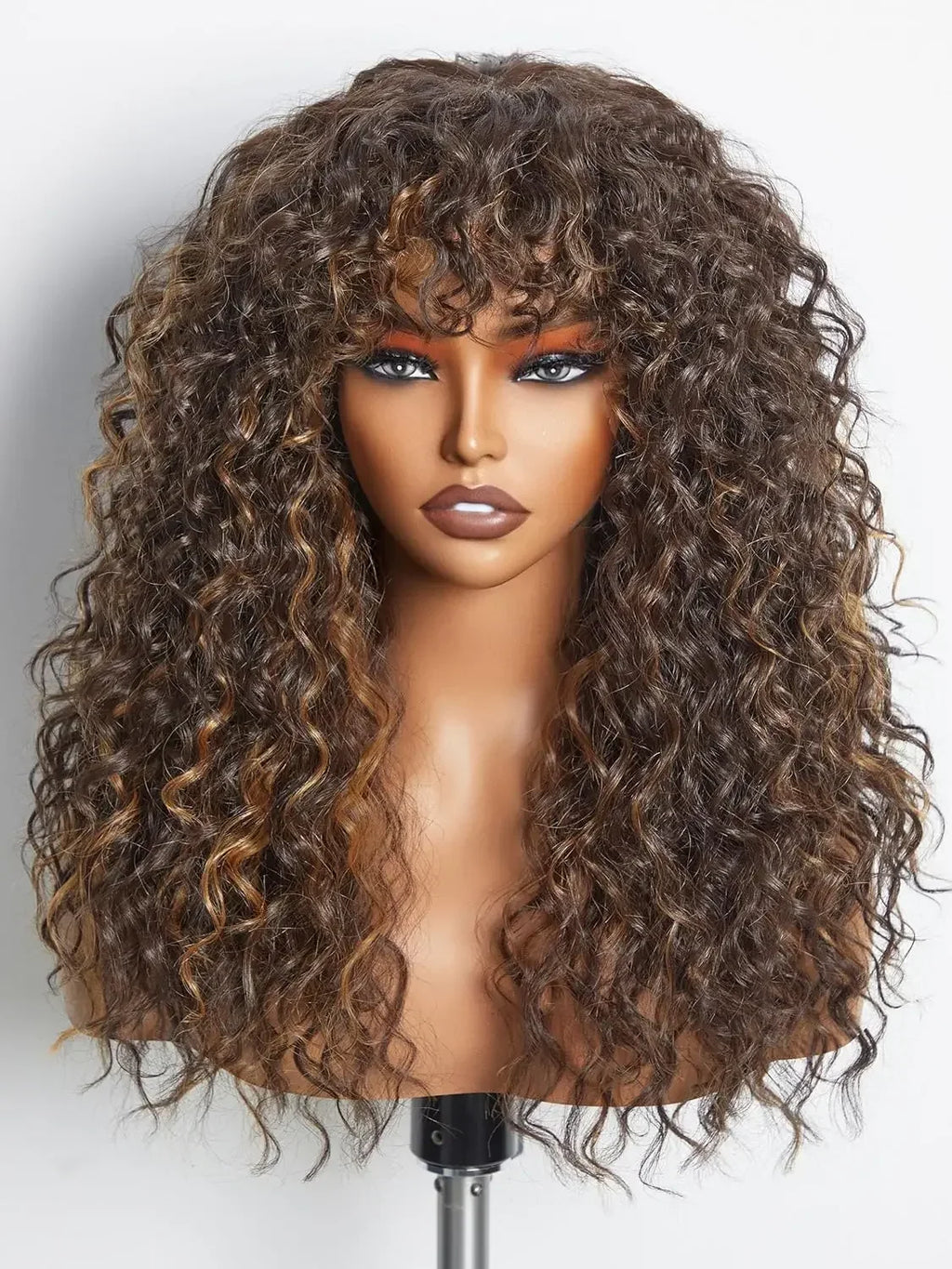 100% Human Hair Wigs with Bang Full Wig Brown Black Highlight Water Wave