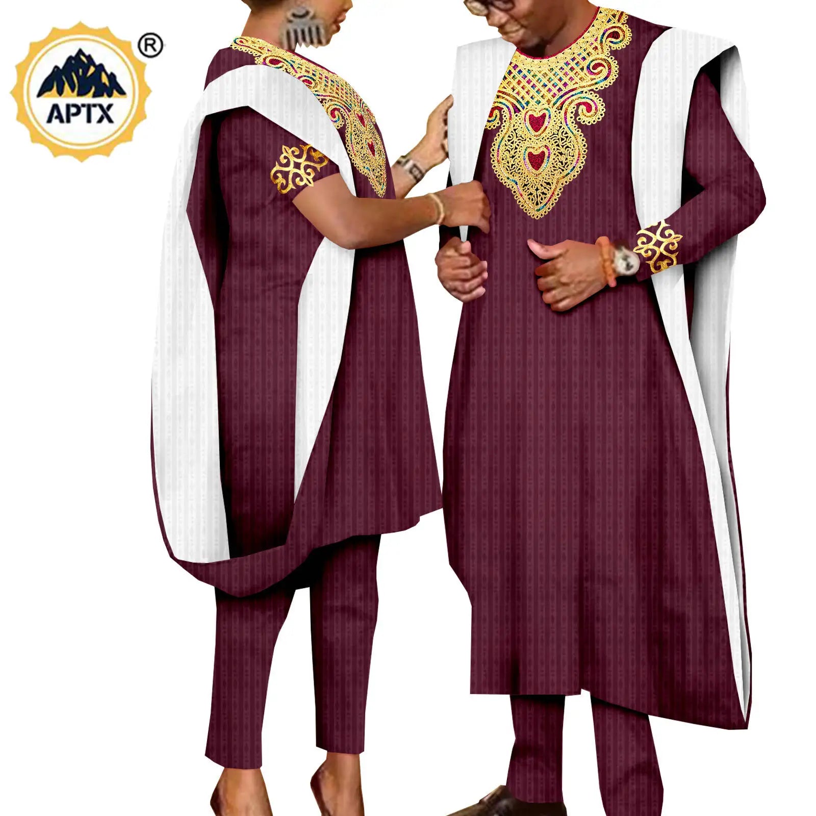 African 3 Pieces Suit for Men Matching Couple Outfits Agbada Dashiki Women Muslim Sets Bazin Riche Applique Robes Asoebi Y23C029