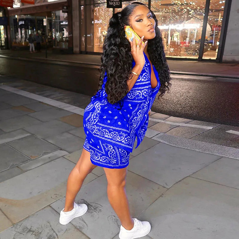 Fashion Paisley Bandana Print 2 Two Piece Sets Women Tracksuit Short Sleeve Shirt + Shorts Sets Female Outfits Matching