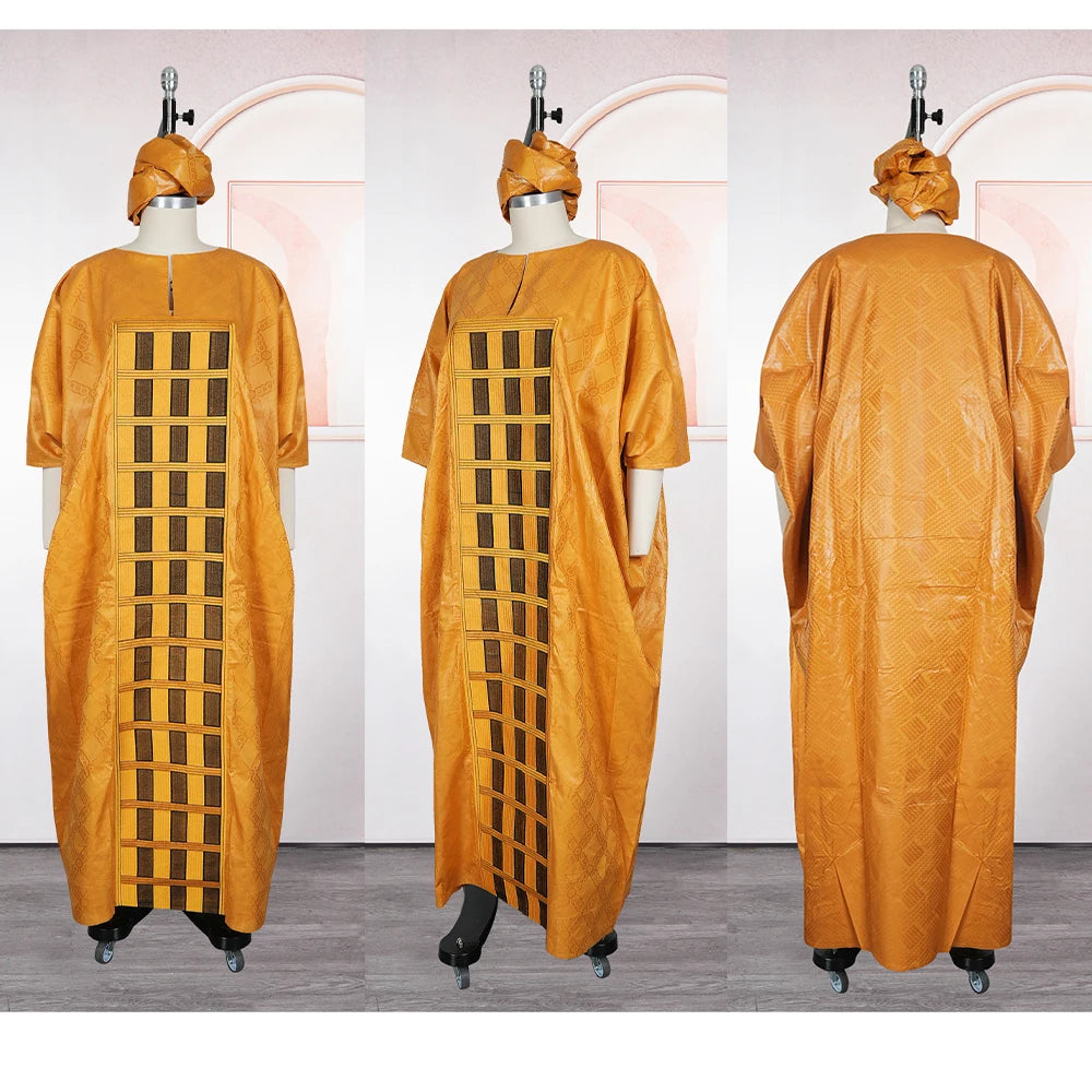 African Plus Size Kaftan Dress | Bazin Embroidery Puff Sleeve Muslim Robe | Wedding & Church