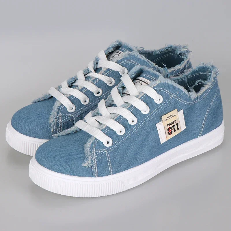 Women's Denim Canvas Sneakers | Low Top Lace-Up Flat Board Shoes | HotTrendyPicks