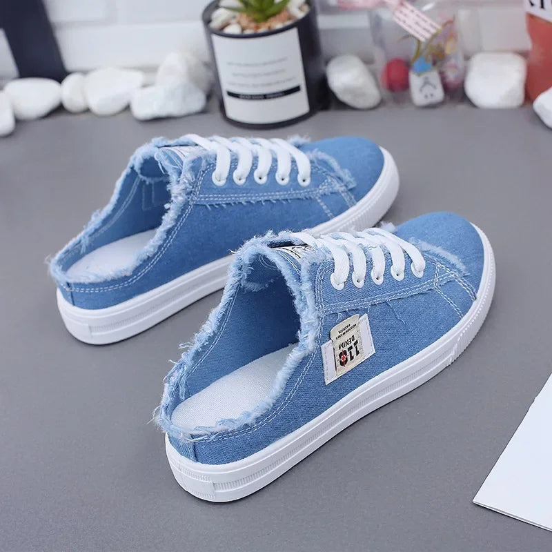 Women's Denim Canvas Sneakers | Low Top Lace-Up Flat Board Shoes | HotTrendyPicks