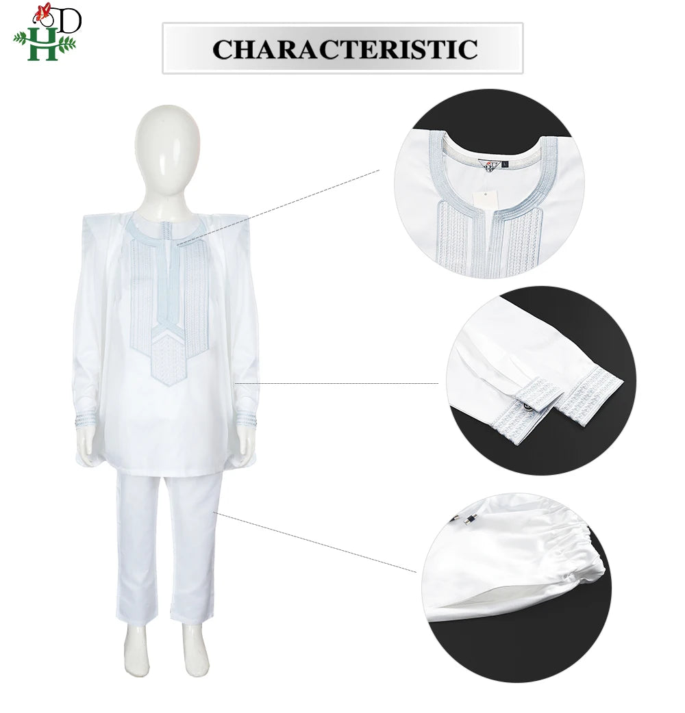 Boys White Blue Long Sleeve Tops Embroidery Dashiki Robe Shirt And Pant Set 3 PCS