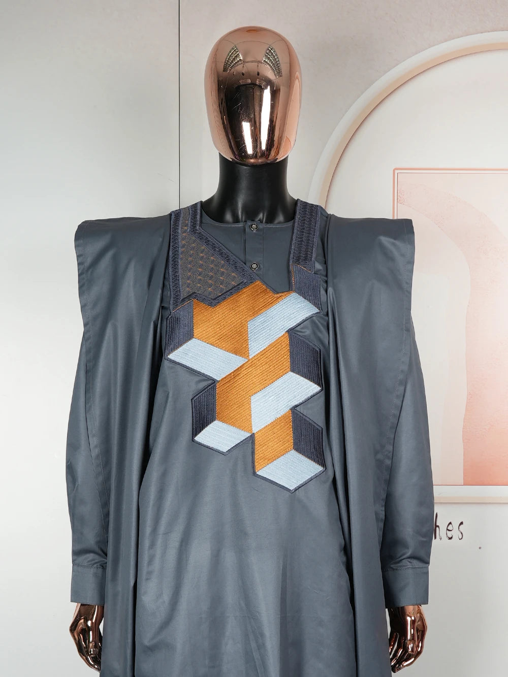 Men's 3-Piece African Embroidery Set | Gray Plus Size Traditional Wear 2025