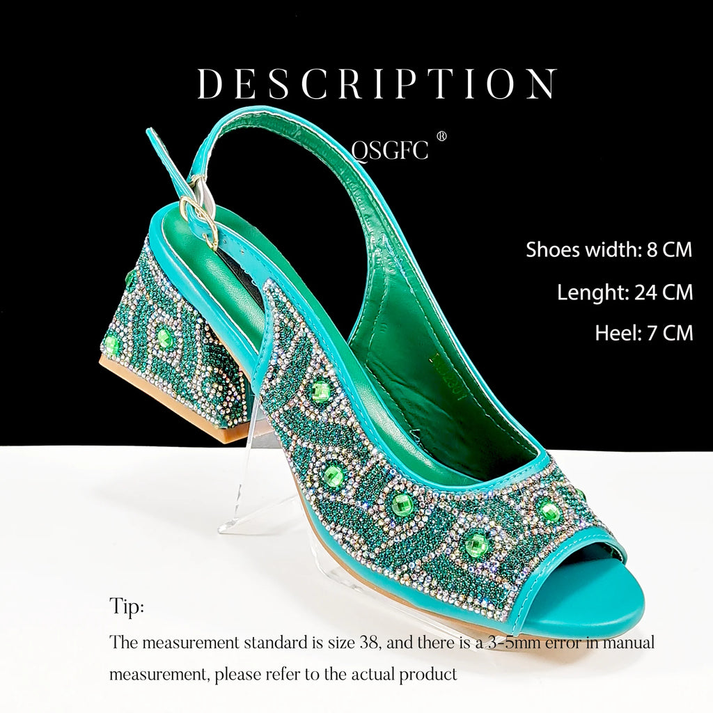 Women's Rhinestone Design Shoes and Bag Set Open Toe Comfortable Heels
