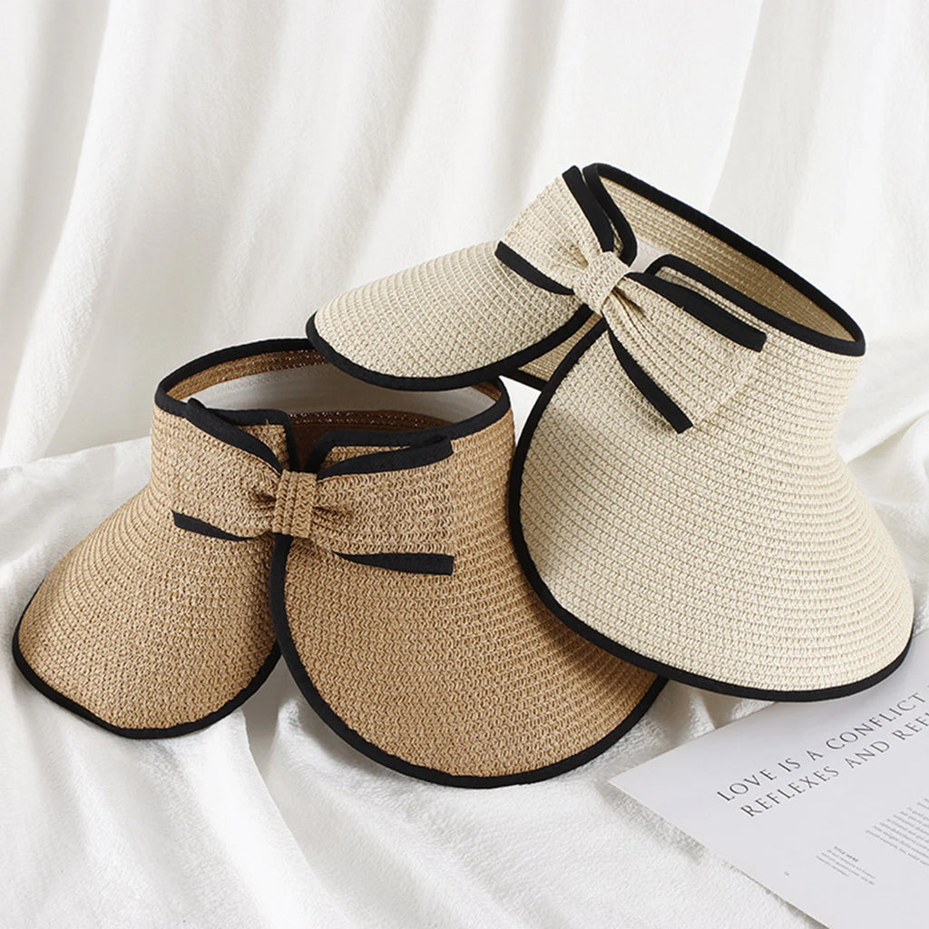 Summer Beach Sun Hat For Women Portable Folding Wide Brimmed Straw Hat Fashion Bow Shaped Hollow Top Straw Hat Girls Bucket Hats