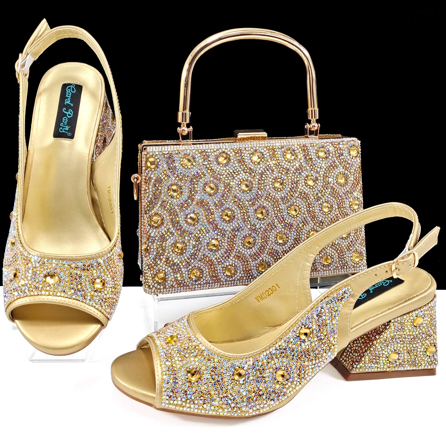 Women's Rhinestone Design Shoes and Bag Set Open Toe Comfortable Heels