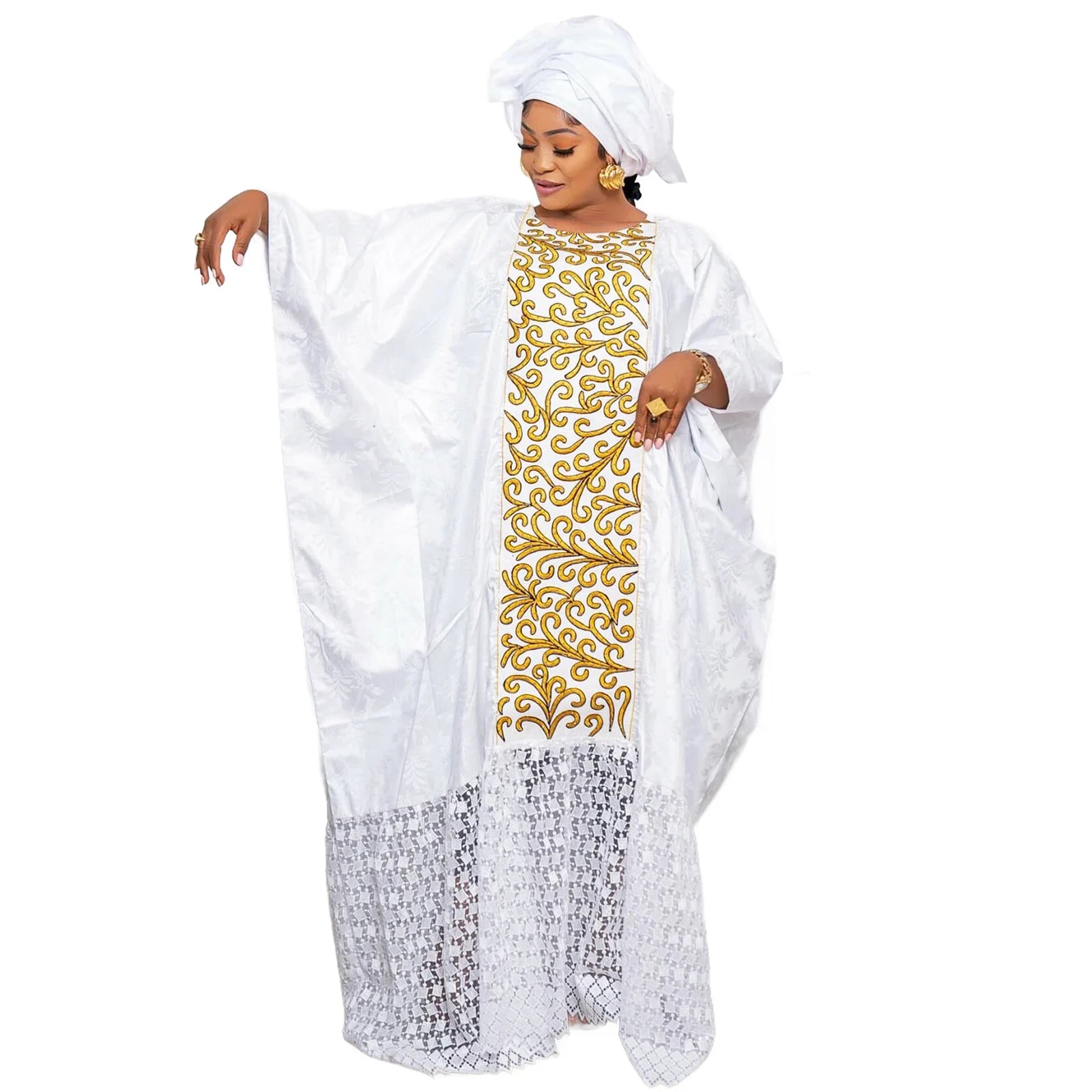 Women's African Dashiki Bazin Riche Embroidery Long Dress with Scarf | L–5XL
