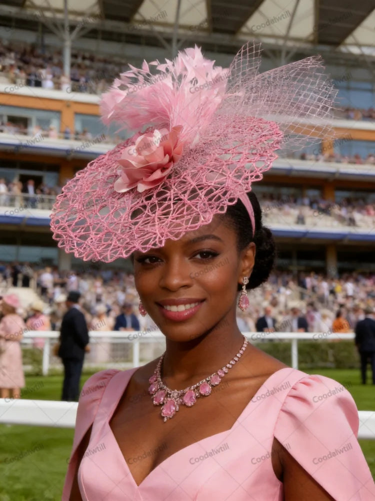 Hot Pink Wedding Fascinator Hat Ladies Cocktail Race Derby Headwear Ladies Women Mesh Feather Hair Accessories With Headbnad