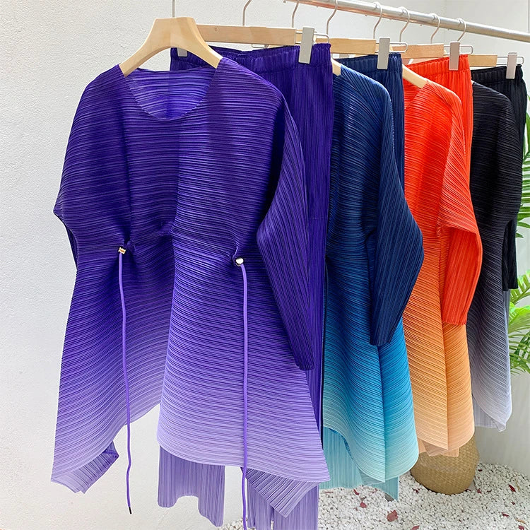 EGRM Gradient Pleated Set Drawstring Slim Full Sleeved Top and High Waisted Wide Leg Pants 2 Piece Sets for Women 2023 New 8RM91