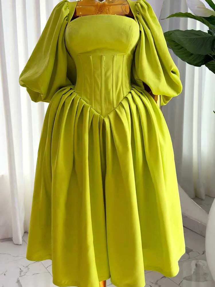 Women Ruched Sleeves Spring High Waist Elegant Slash Neck Long Sexy Green Dress