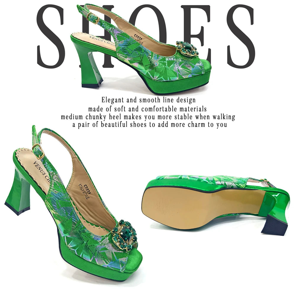 Elegant Women Heels for Peep Toe Good Material Design Rhinestone Fuchsia Sandals Italian Shoes and Bags