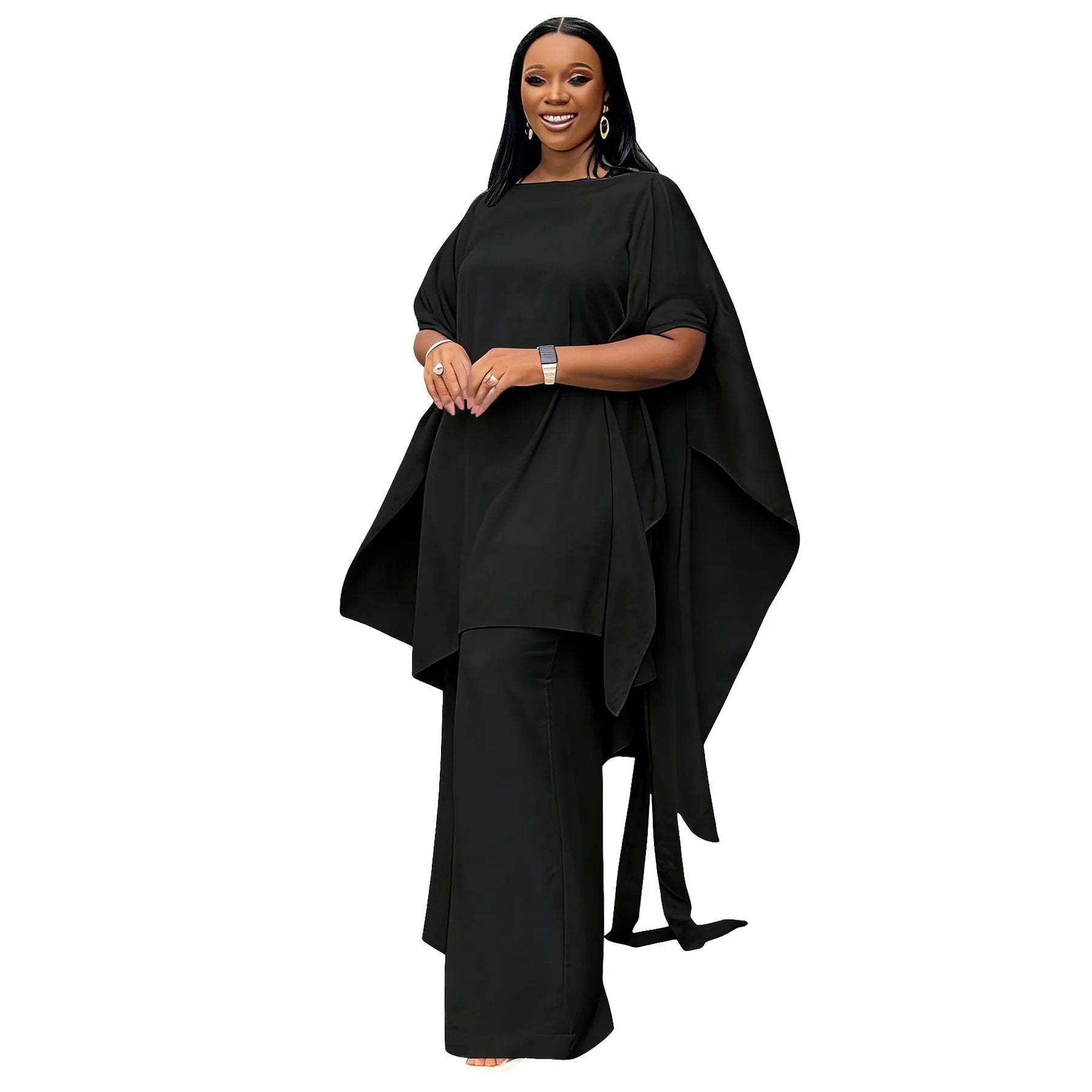 Plus Size Summer N8172 Silk Satin Set Design Shoulder Shawl Top Wide Leg Pants Outfit Elegant Street Style for Women Universa...