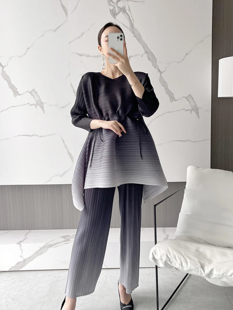 EGRM Gradient Pleated Set Drawstring Slim Full Sleeved Top and High Waisted Wide Leg Pants 2 Piece Sets for Women 2023 New 8RM91