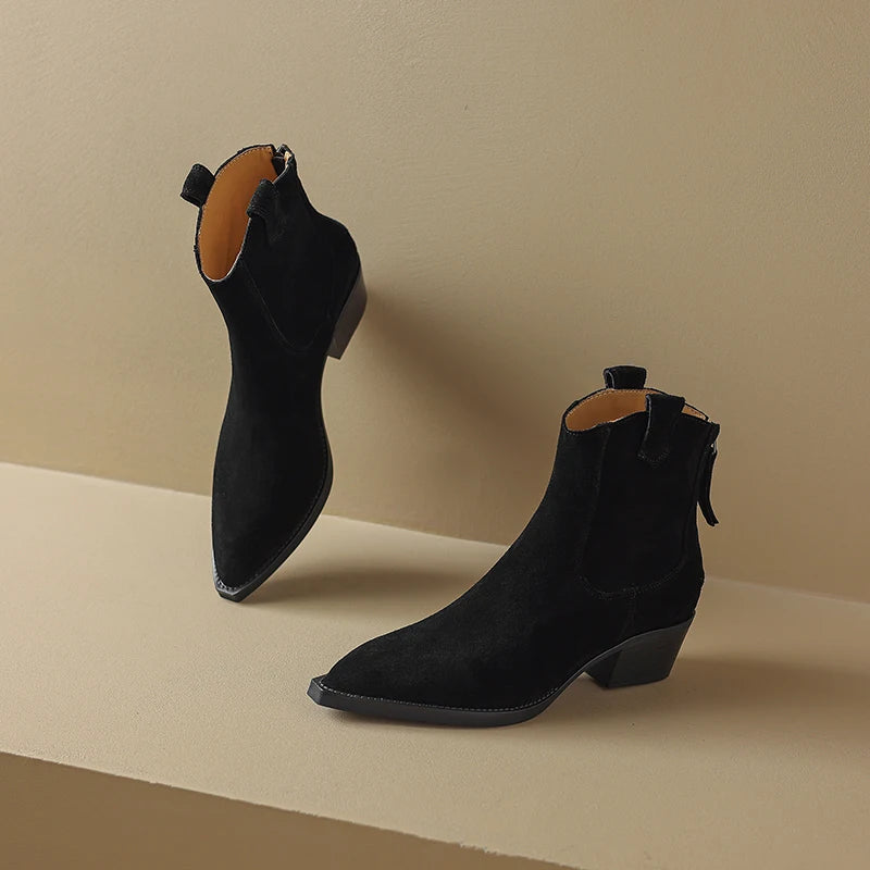 New 2025 Trend Autumn Cow Suede Women Western Boots Black Brown Khaki Chocolate Green Burgundy Pointed Toe Ladies Ankle Boots