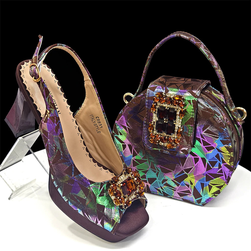 Elegant Women Heels for Peep Toe Good Material Design Rhinestone Fuchsia Sandals Italian Shoes and Bags