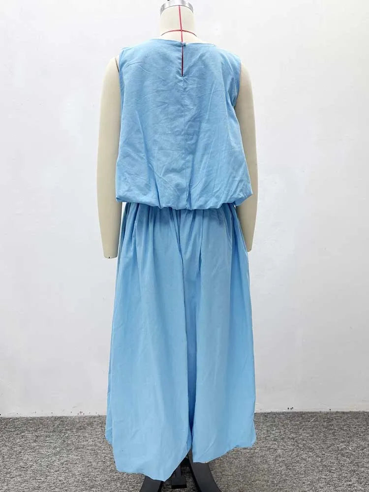 Women's Elegant Two Pieces Sky Blue Sleeveless Top and Wide Leg Pant Casual Loose Fit Summer Outfits Knit Pants Set