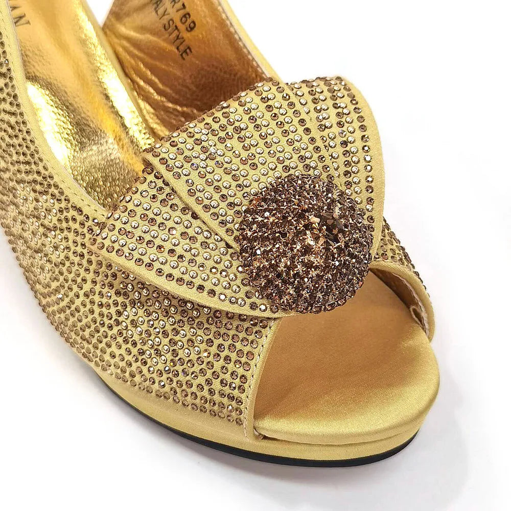 Italian Design Girly Style Golden Color Wedding Shoes And Bag Full Diamond Decoration Metal Closure Bags