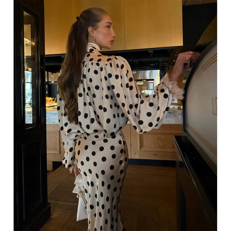 Polka Dot Skirt 2 Piece Set Women Casual High Collar Tie Full Sleeves Elastic High Waist Long Skirt Suit Lady Daily Outfit New