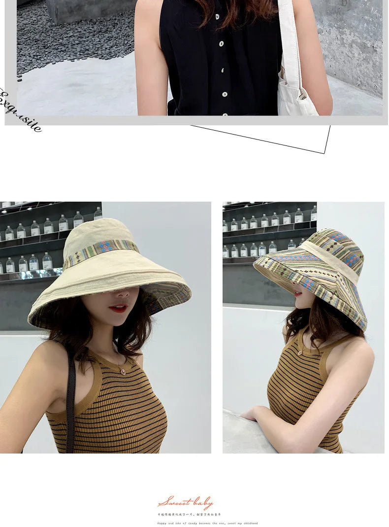 Hat Women's Summer Big Edge Double-Sided Sunshade Bucket Hat Korean Version Versatile Ethnic Style Travel Sun Protection Cap