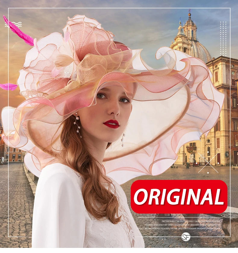 Women's Elegant Fascinators Large Wide Brim Church Hat With Big Flower