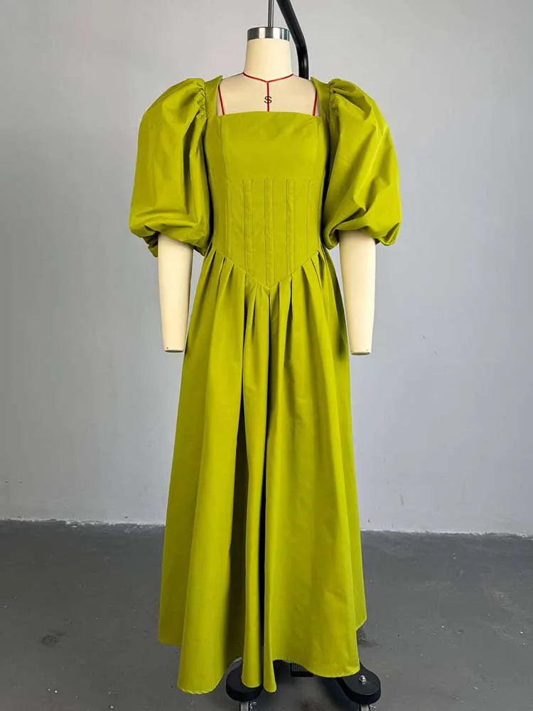 Women Ruched Sleeves Spring High Waist Elegant Slash Neck Long Sexy Green Dress