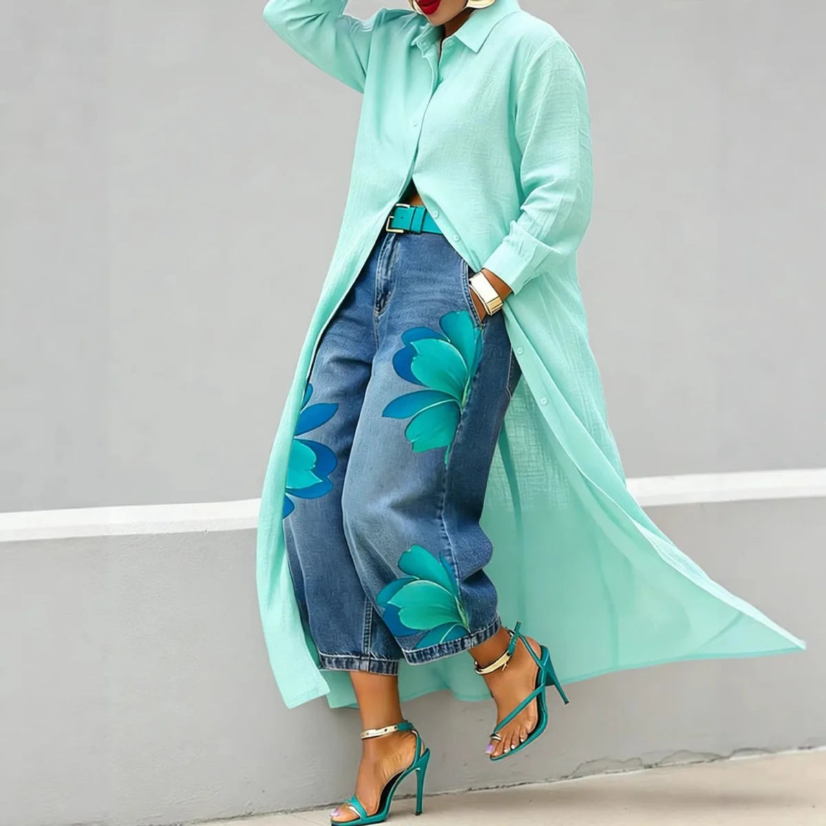 Casual Plus Size Shirt for Women's Longline Button Down Shirt Long Sleeve Loose Fit Maxi Tunic Blouse Open Front Cardigan Top
