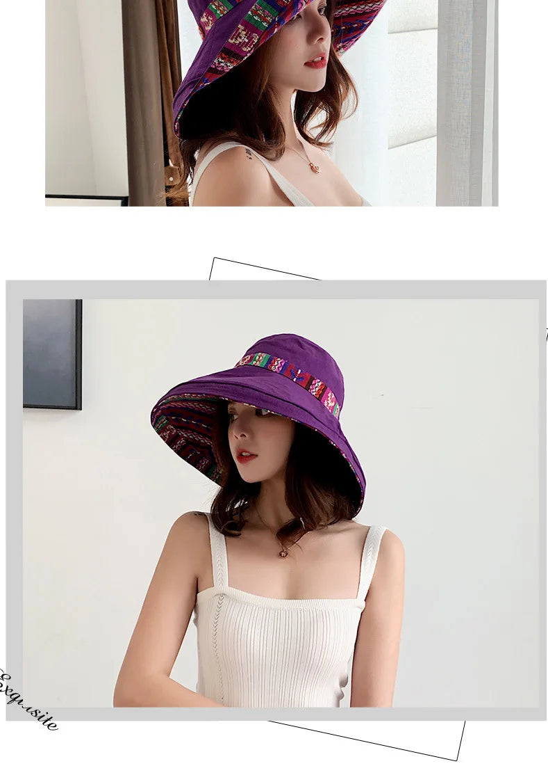 Hat Women's Summer Big Edge Double-Sided Sunshade Bucket Hat Korean Version Versatile Ethnic Style Travel Sun Protection Cap