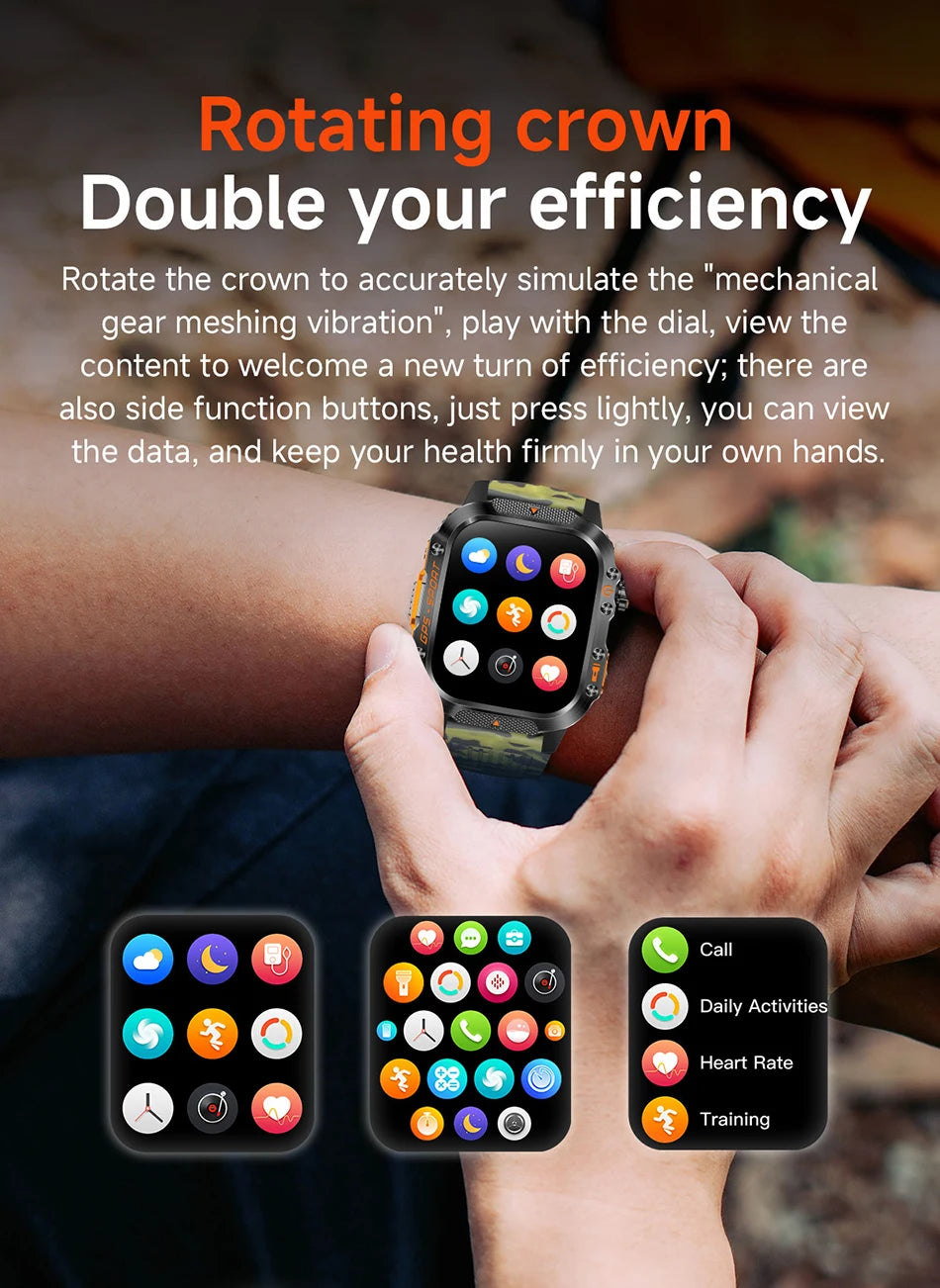 Military GPS Smartwatch Men | 2.01" AMOLED Flashlight Bluetooth 3ATM Waterproof