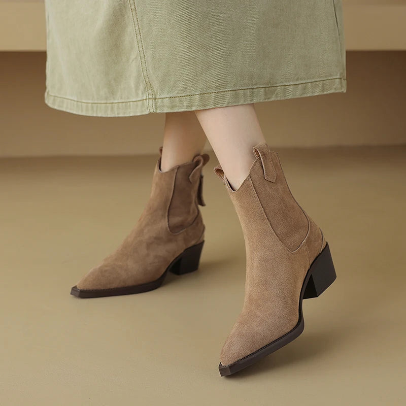 New 2025 Trend Autumn Cow Suede Women Western Boots Black Brown Khaki Chocolate Green Burgundy Pointed Toe Ladies Ankle Boots