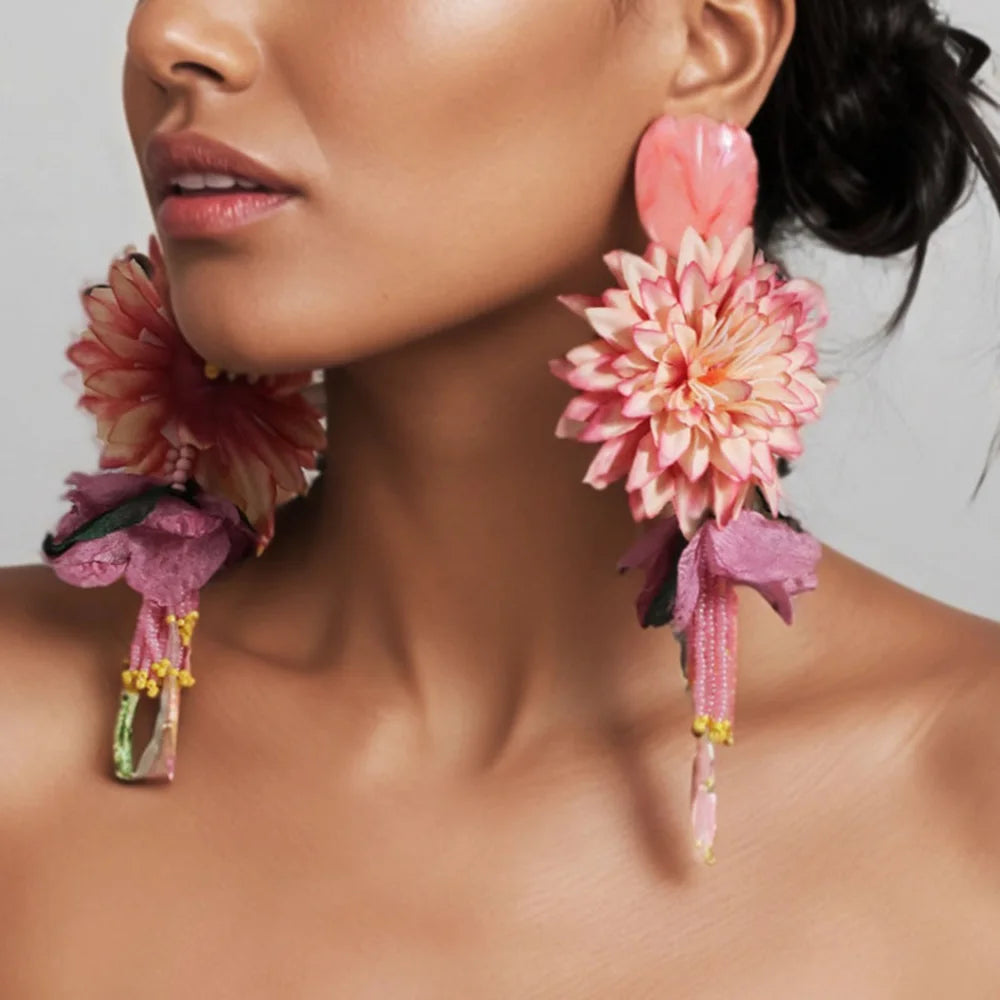 Statement Bohemian Style Simulation Dahlia Earrings For Women Girl Trendy Luxury Vintage Fairy Wedding Party Jewelry Accessoies