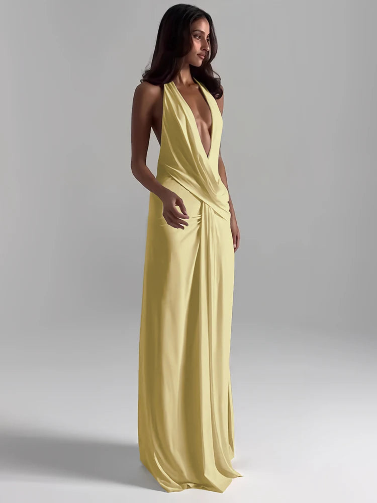 Sexy Backless Long Dress Women Halter Deep V-Neck Sleeveless High Splits Hem New Trend Pool Style Elegant Vestidos