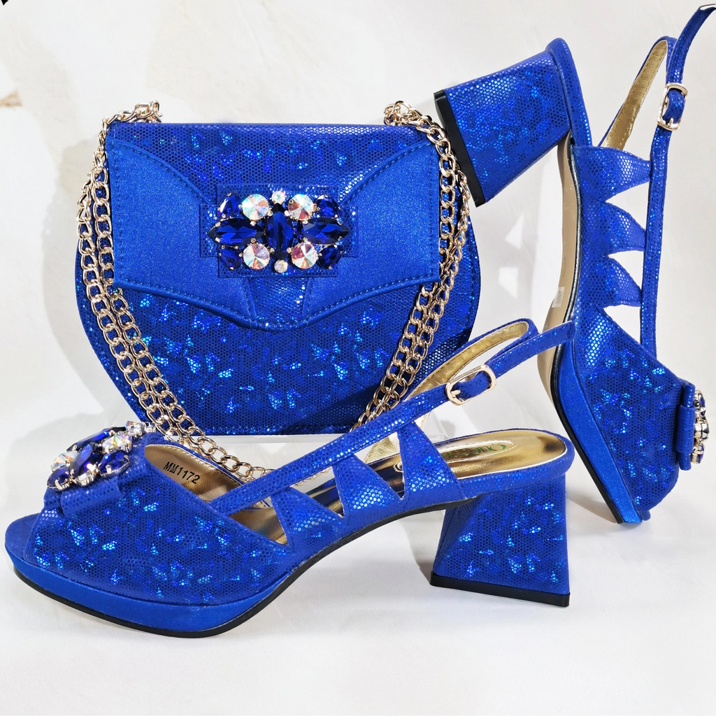 New-Season Peep Toe Ladies Elegant Coral Color Diamond-Embellished High Heels Italian-Designed Shoe and Handbag Set