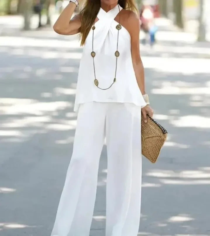 Women's Two-Piece Set Halter Sleeveless V-Neck Top & High Waist Pants Casual Fashion Loose Outfits