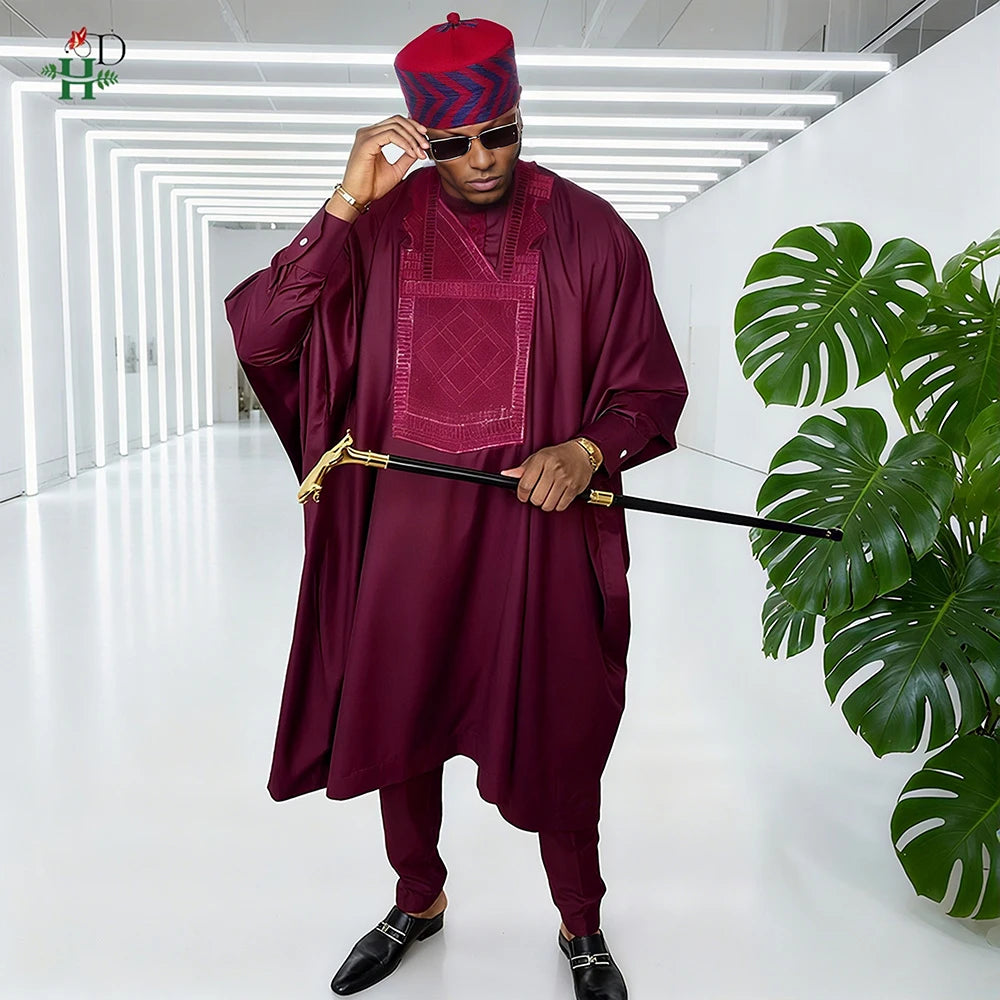 African Dresses For Couple Burgundy Traditional Men 3PCS Embroidered Outfit Set Sequin Floral Mermaid Robe Wedding Party Dress