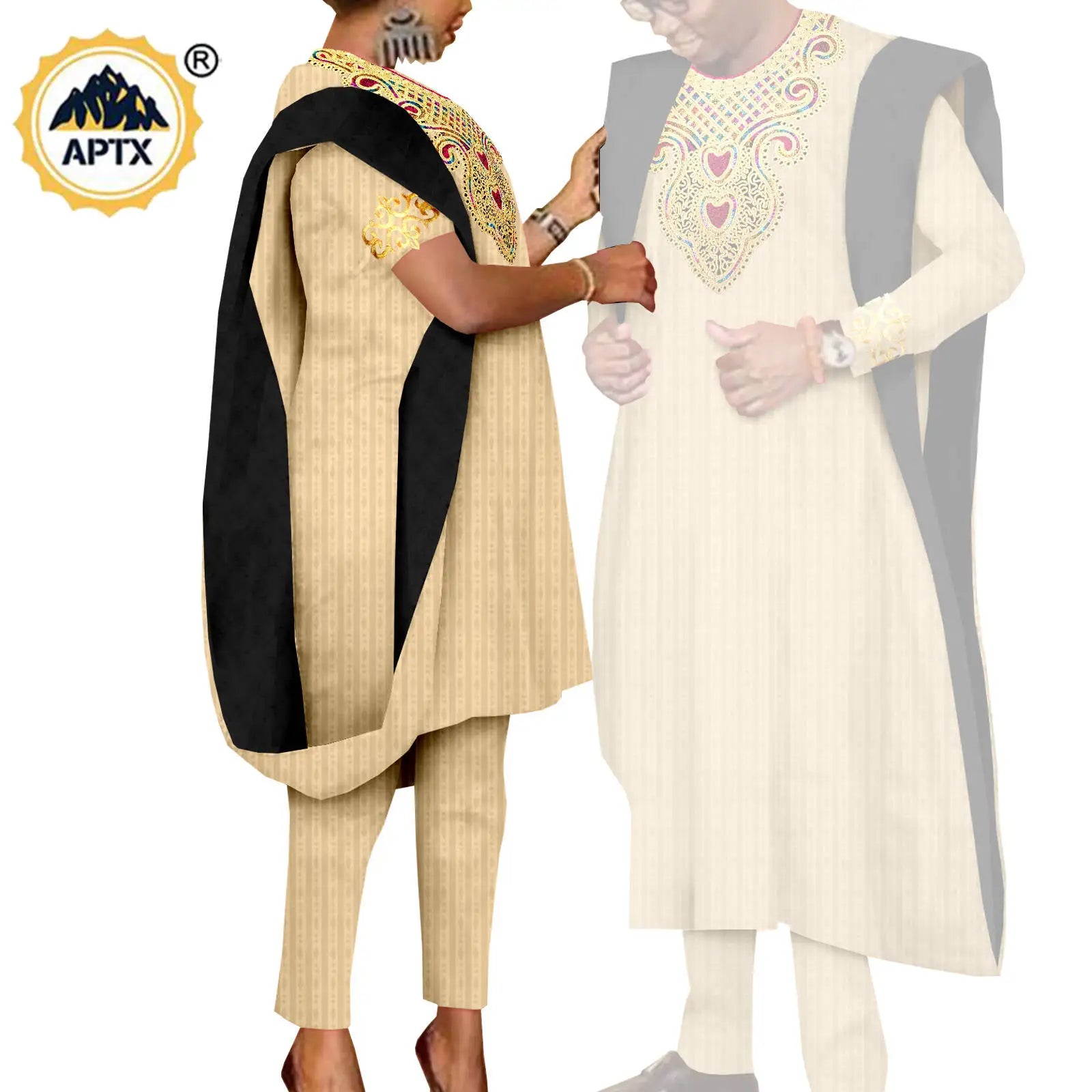 African 3 Pieces Suit for Men Matching Couple Outfits Agbada Dashiki Women Muslim Sets Bazin Riche Applique Robes Asoebi Y23C029