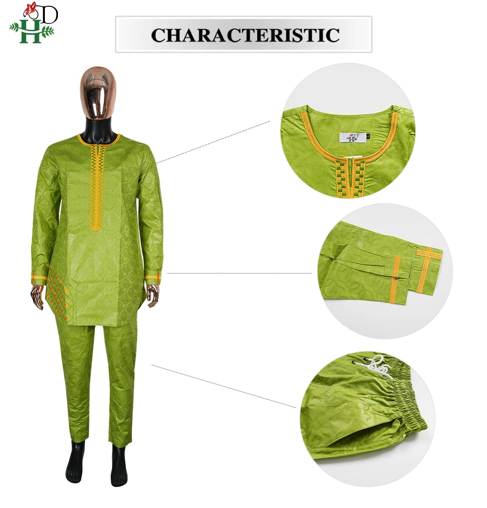 Men's Traditional Agbada 2PCS Green Bazin Riche Shirt and Pant
