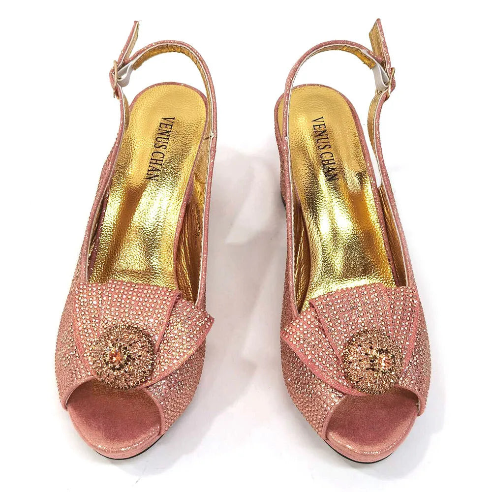 Italian Design Girly Style Golden Color Wedding Shoes And Bag Full Diamond Decoration Metal Closure Bags