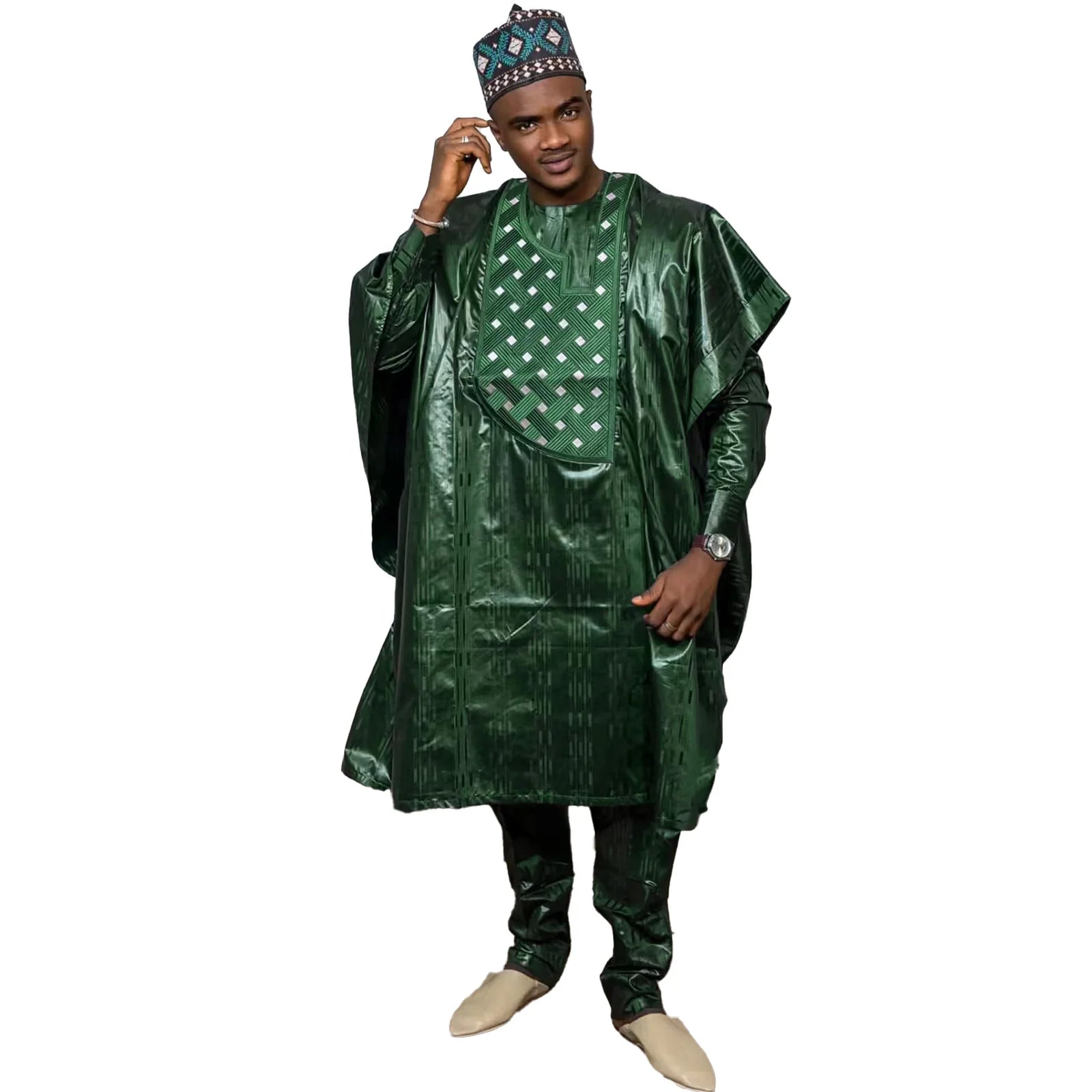 African Bazin Riche Embroidery Dress & Men's Top with Trousers Set | L–5XL
