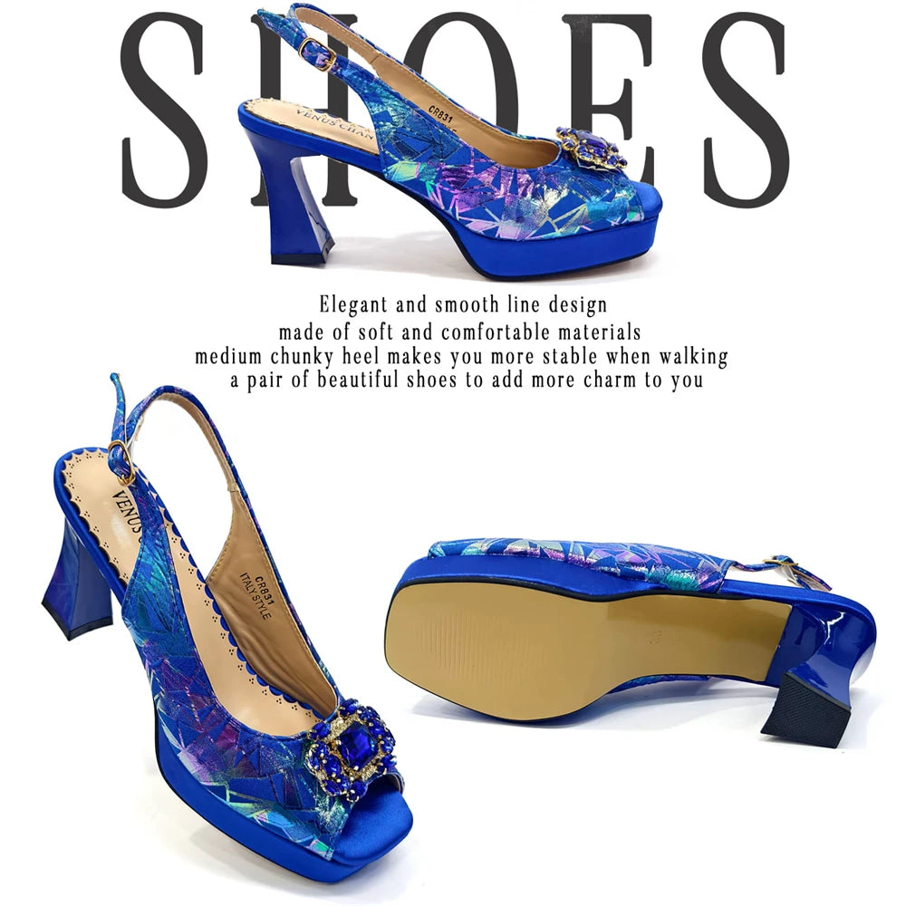 Elegant Women Heels for Peep Toe Good Material Design Rhinestone Fuchsia Sandals Italian Shoes and Bags