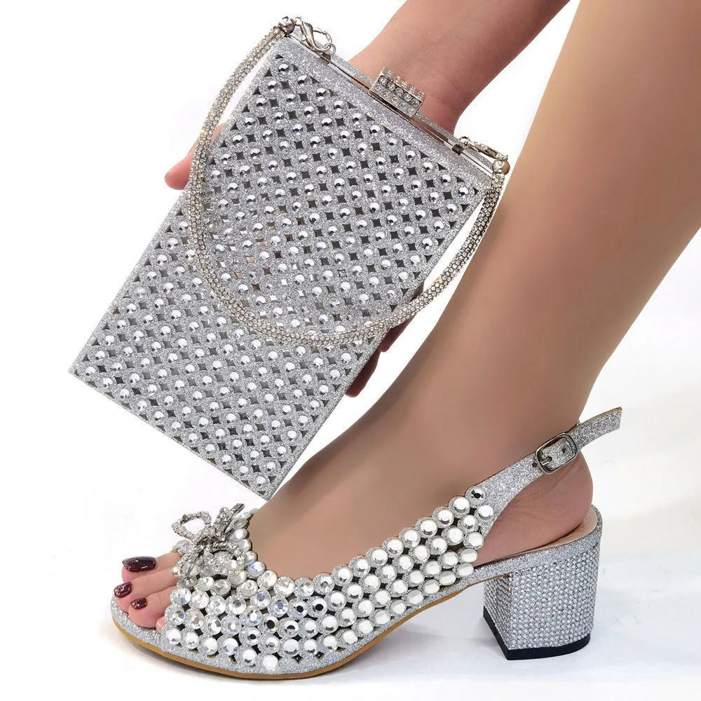 Italian Design Full Drill Elegant Wine Evening High Heels Wedding Party Shoes Matching Clutch Handbag