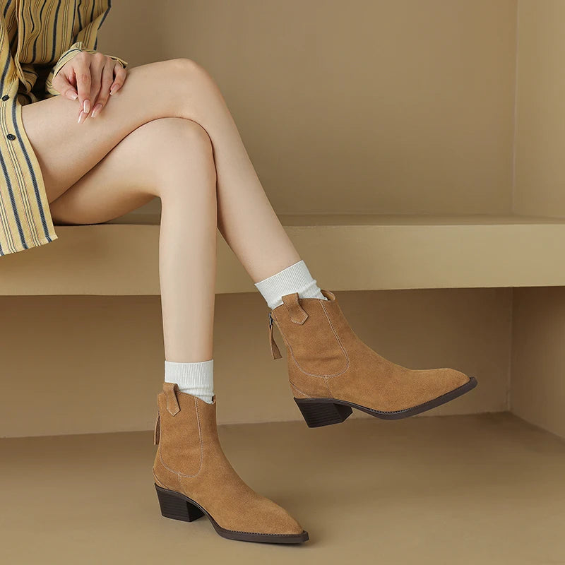 New 2025 Trend Autumn Cow Suede Women Western Boots Black Brown Khaki Chocolate Green Burgundy Pointed Toe Ladies Ankle Boots