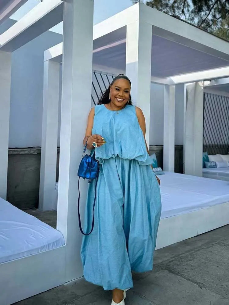 Women's Elegant Two Pieces Sky Blue Sleeveless Top and Wide Leg Pant Casual Loose Fit Summer Outfits Knit Pants Set