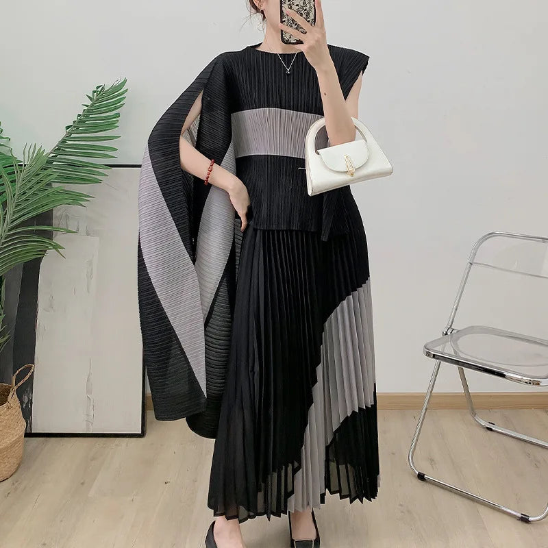 Autumn Women's Color Matching Set Shawl Top Long Elastic Waist Skirt Two-piece Set