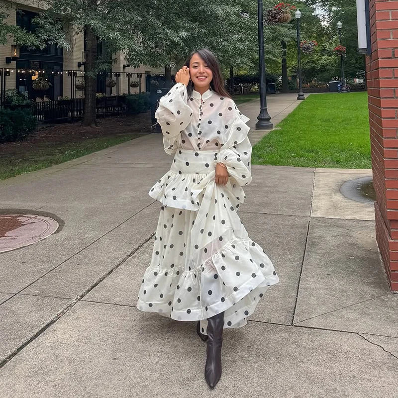 Polka Dot Skirt 2 Piece Set Women Casual High Collar Tie Full Sleeves Elastic High Waist Long Skirt Suit Lady Daily Outfit New