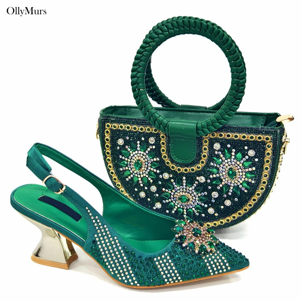 Italian Fashion Rhinestone Women Sanada Shoes And Bag Set Summer Style Woman Pumps Shoes And Bag Matching Set For Party