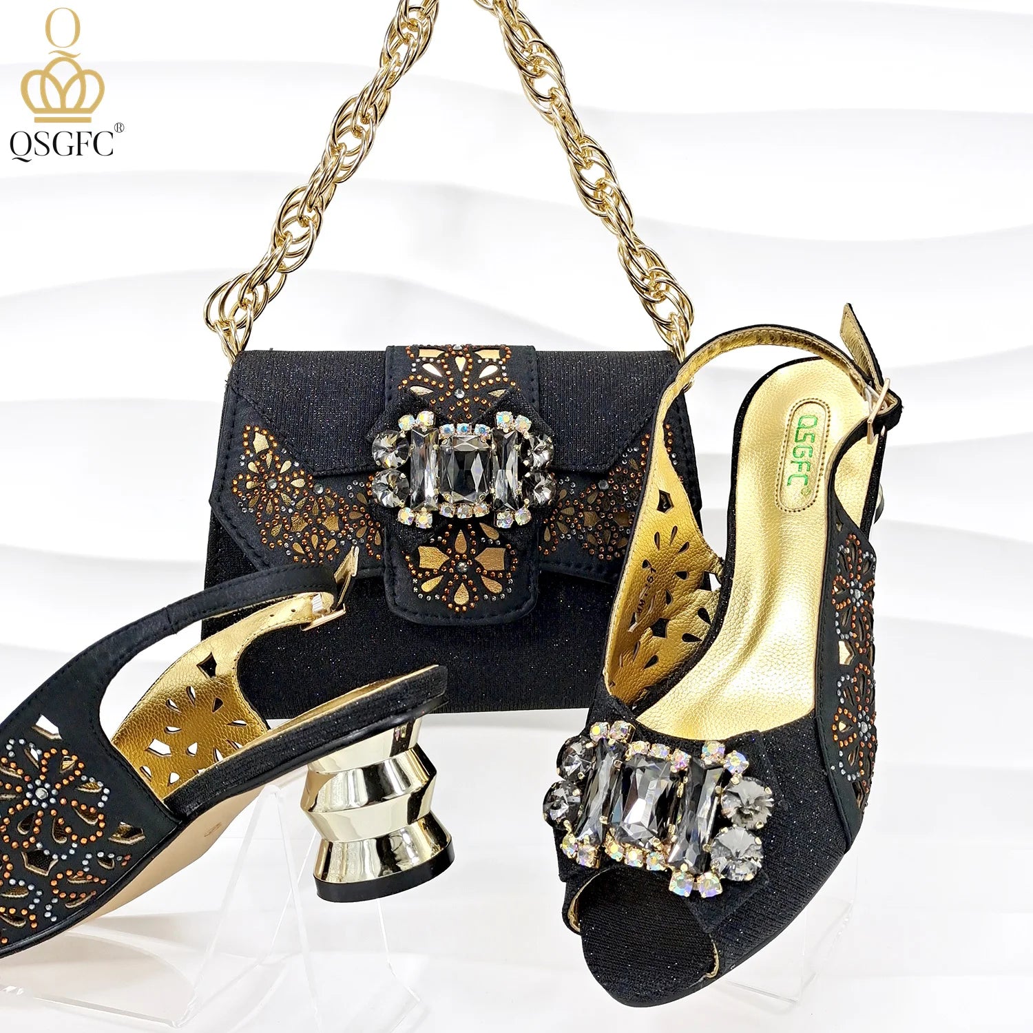 Newest Design Metal and Rhinestone Design Style Party Wedding Peep Toe High Heel Lady Shoes and Bag Set in Teal Blue Color