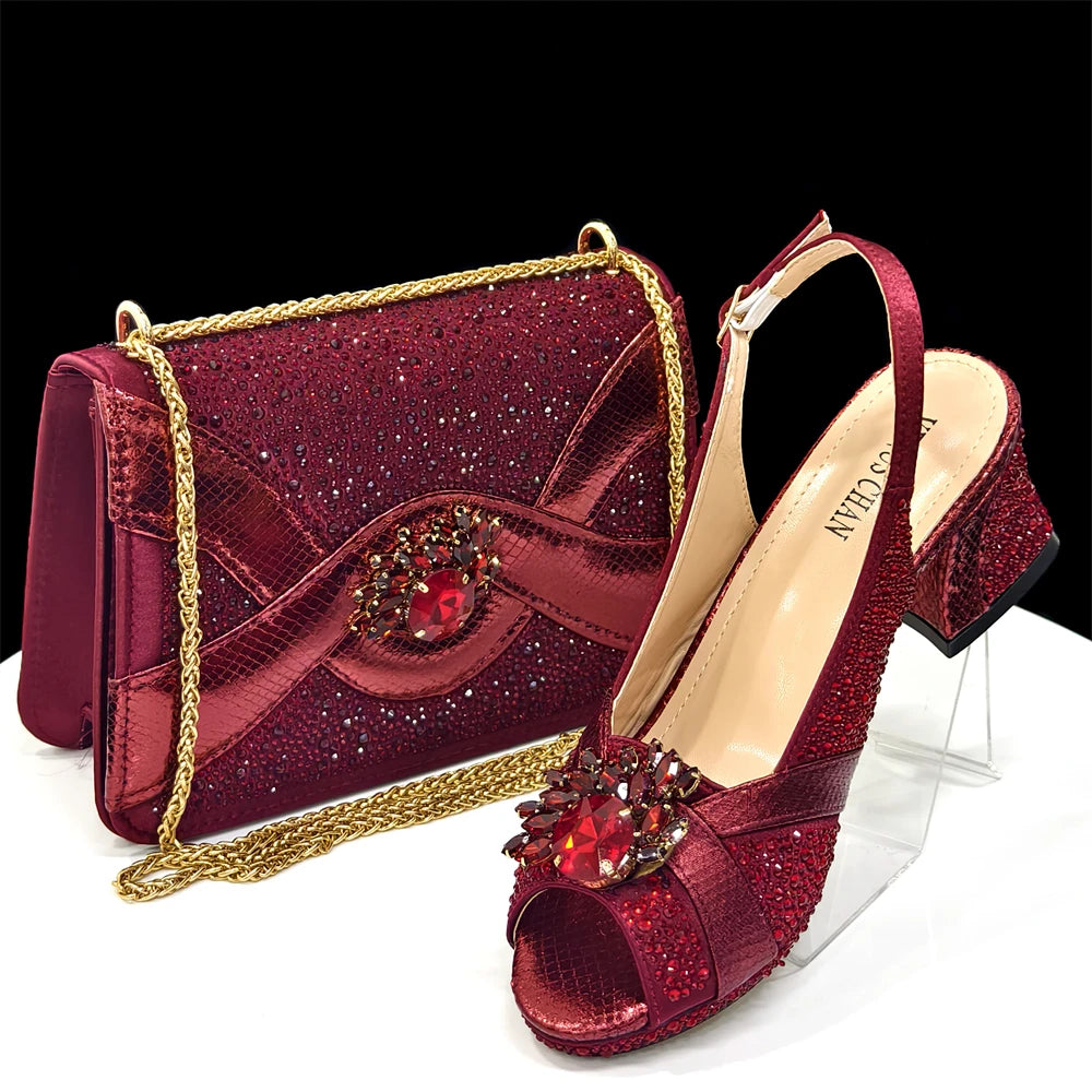 Elegant Women's Peep-Toe Heels and Matching Wine Color Diamond Pumps Set - Stylish Italian Shoes and Bags for Parties
